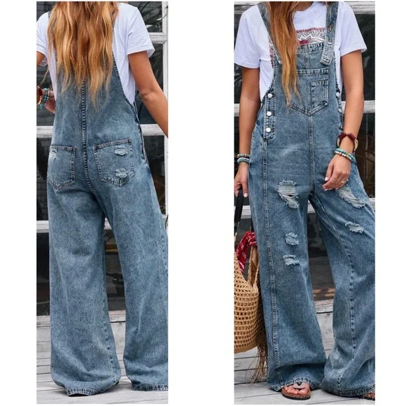 Medium Wash Distressed Wide leg Denim Jean Bib Overalls - Picture 3 of 3